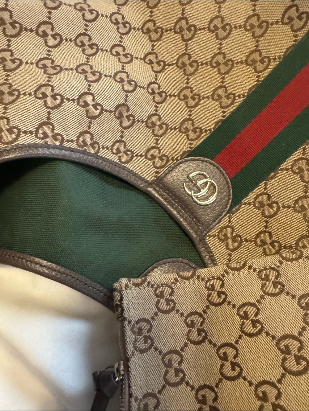 Gucci Beige/Tan GG Canvas Tote with Green and Red Web Giglio Large Tote - Picture 8 of 9